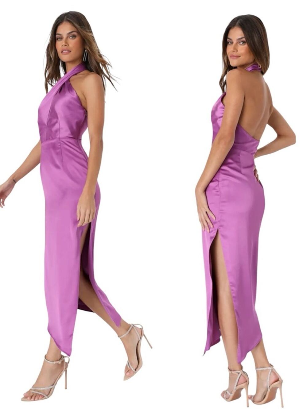 Lulus Purple Satin Halter Dress XS Backless Asymmetric Midi Party Event NWT